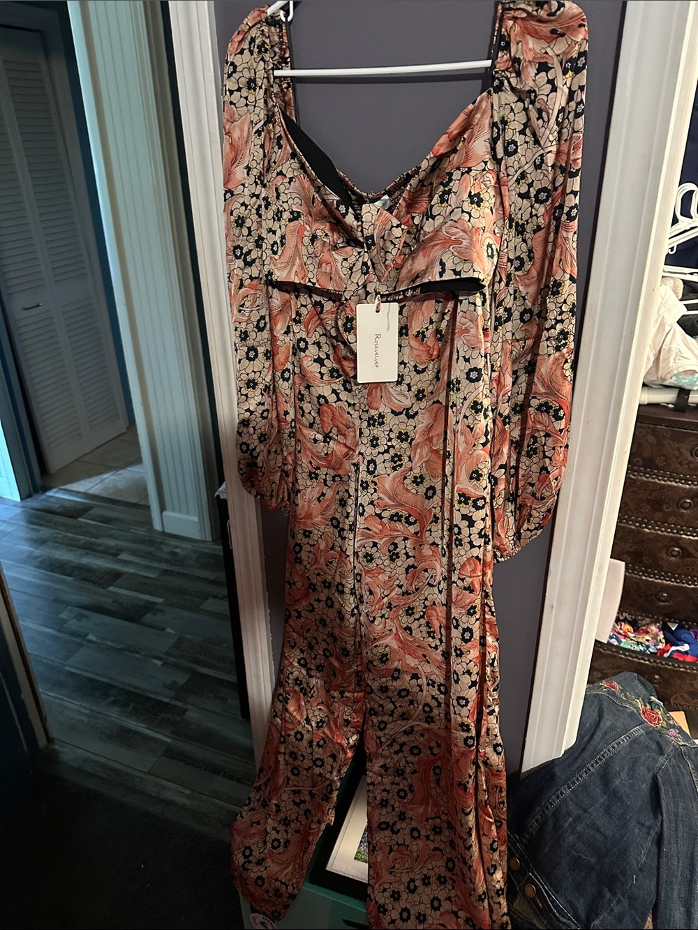 Peach Floral Wide-Leg Pantsuit with V-Neck